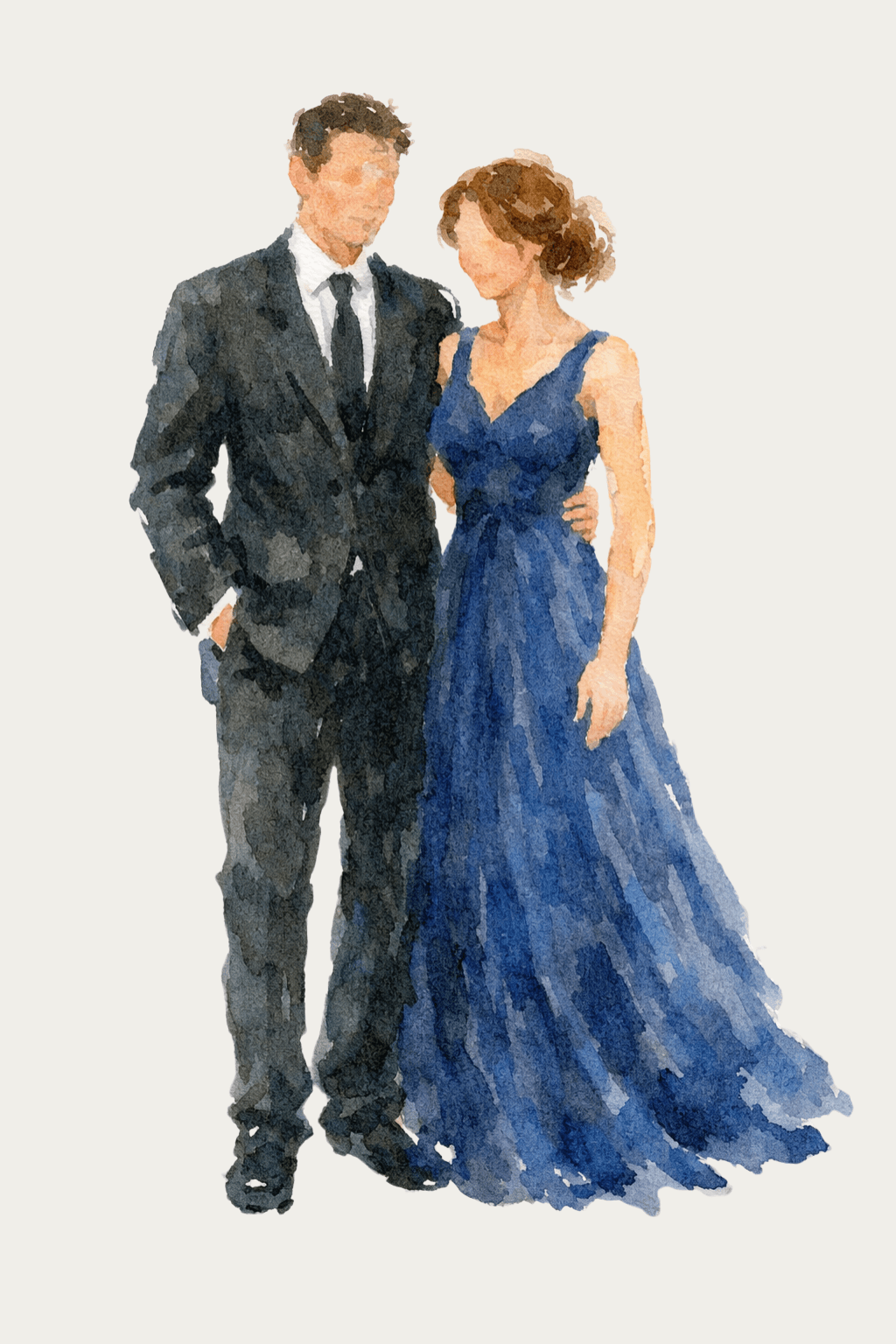 Watercolour of man and woman wearing formal attire